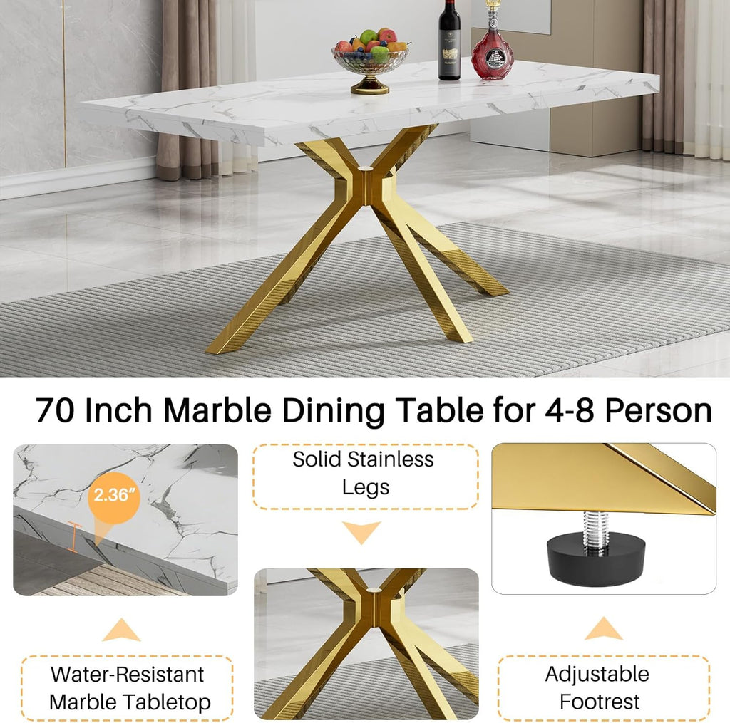 5 Piece Marble Dining Set for 4, 70.87" Rectangular Dining Room Table with 4 Grey Velvet Chairs, Gold Stainless Steel Frame, Luxury Modern Kitchen Table Set for Dining Room, Easy Assembly