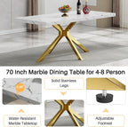 5 Piece Marble Dining Set for 4, 70.87" Rectangular Dining Room Table with 4 Grey Velvet Chairs, Gold Stainless Steel Frame, Luxury Modern Kitchen Table Set for Dining Room, Easy Assembly