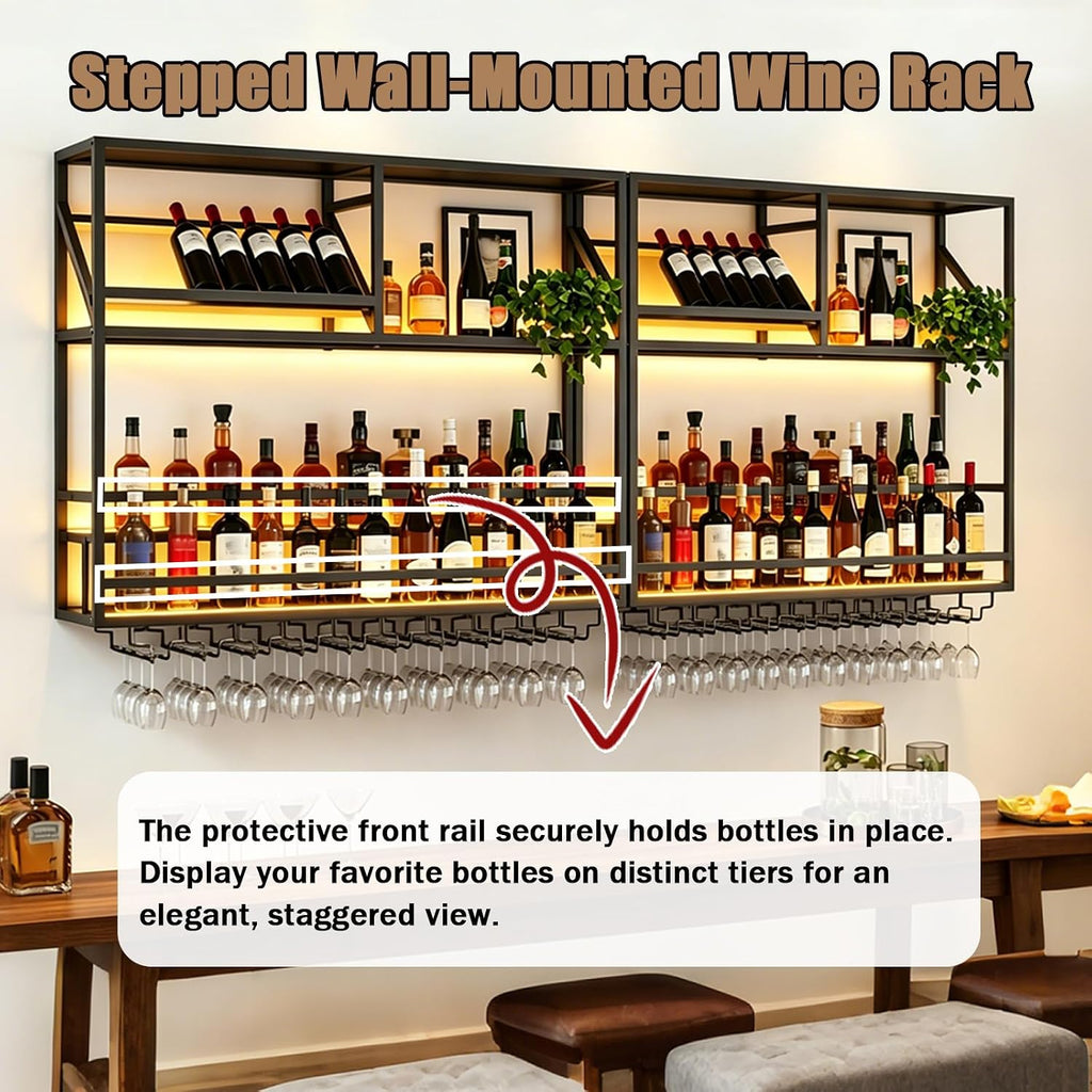 Metal Wall Mounted Liquor Shelf with LED, 31.5in Black (31.5in/80cm) | Floating shelf w/wine glass rack, 45° adjustable step display rack (L-R), for Kitchen/Bar/Cafe/Shop