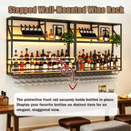 Metal Wall Mounted Liquor Shelf with LED, 31.5in Black (31.5in/80cm) | Floating shelf w/wine glass rack, 45° adjustable step display rack (L-R), for Kitchen/Bar/Cafe/Shop