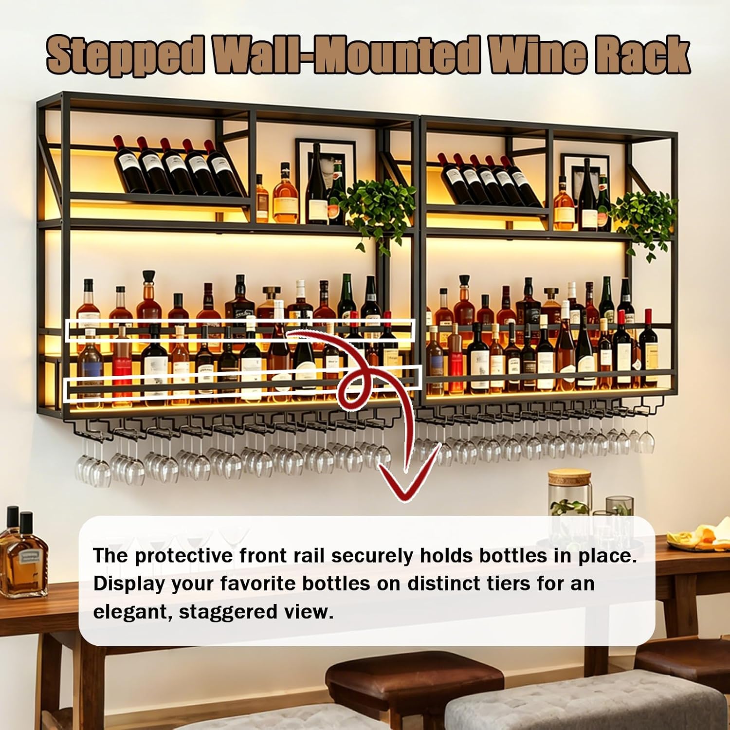 Metal Wall Mounted Liquor Shelf with LED, 31.5in Black (31.5in/80cm) | Floating shelf w/wine glass rack, 45° adjustable step display rack (L-R), for Kitchen/Bar/Cafe/Shop