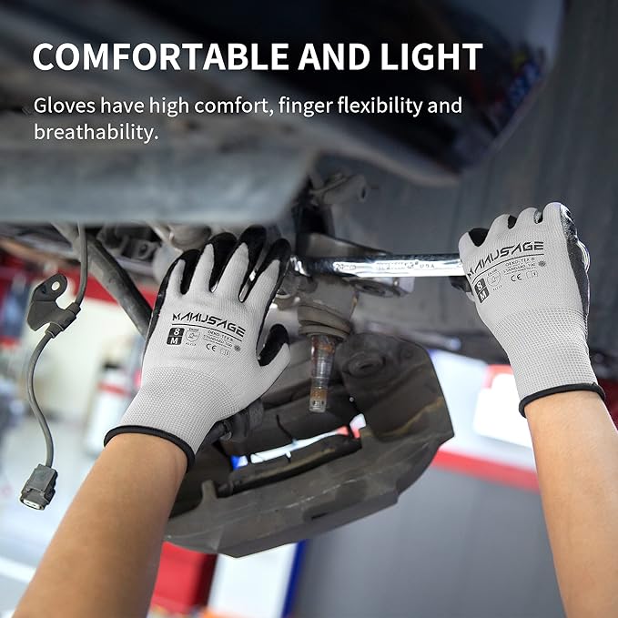 MANUSAGE Safety Work Gloves Nitrile For Men and Women, with Touchscreen Fingers, Men's Work Gloves with Grip, Mechanics Gloves (Size-XL, Grey, 3 Pairs)