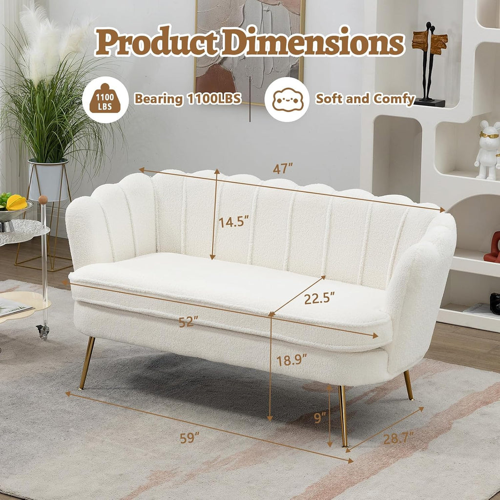 59" Small Loveseat Sofa 2-Seater, Modern Chenille Couch with Gold Metal Legs & Floral Backrest, Compact Apartment Sofa for Living Room, Bedroom, Office, Dorm (Boucle, Ivory)