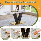 71'' Dining Table Set for 6,Modern Dining Room Table Set for 6,Marble Dining Table with 6 PU Leather Dining Chairs,Gold Dining Room Table with Glossy V-Shaped Base Ideal for Kitchen