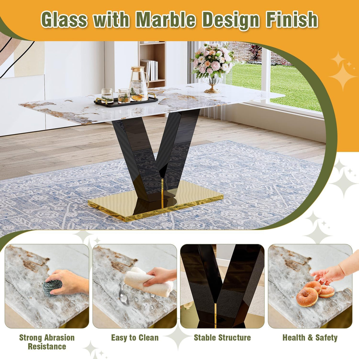 71'' Dining Table Set for 6,Modern Dining Room Table Set for 6,Marble Dining Table with 6 PU Leather Dining Chairs,Gold Dining Room Table with Glossy V-Shaped Base Ideal for Kitchen