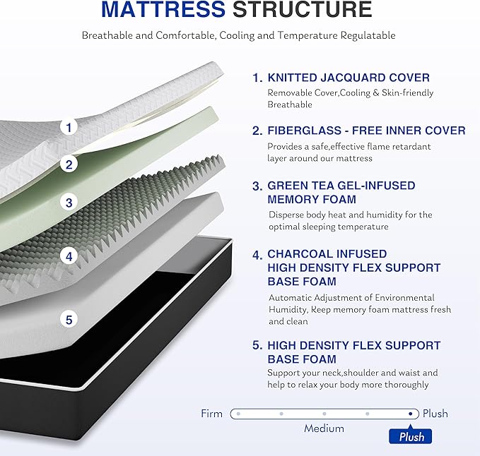 10 Inch Twin Green Tea Memory Foam Mattress for Cool Sleep & Pressure Relief, Bed in a Box, Removable Cover No Fiberglass, CertiPUR-US Certified