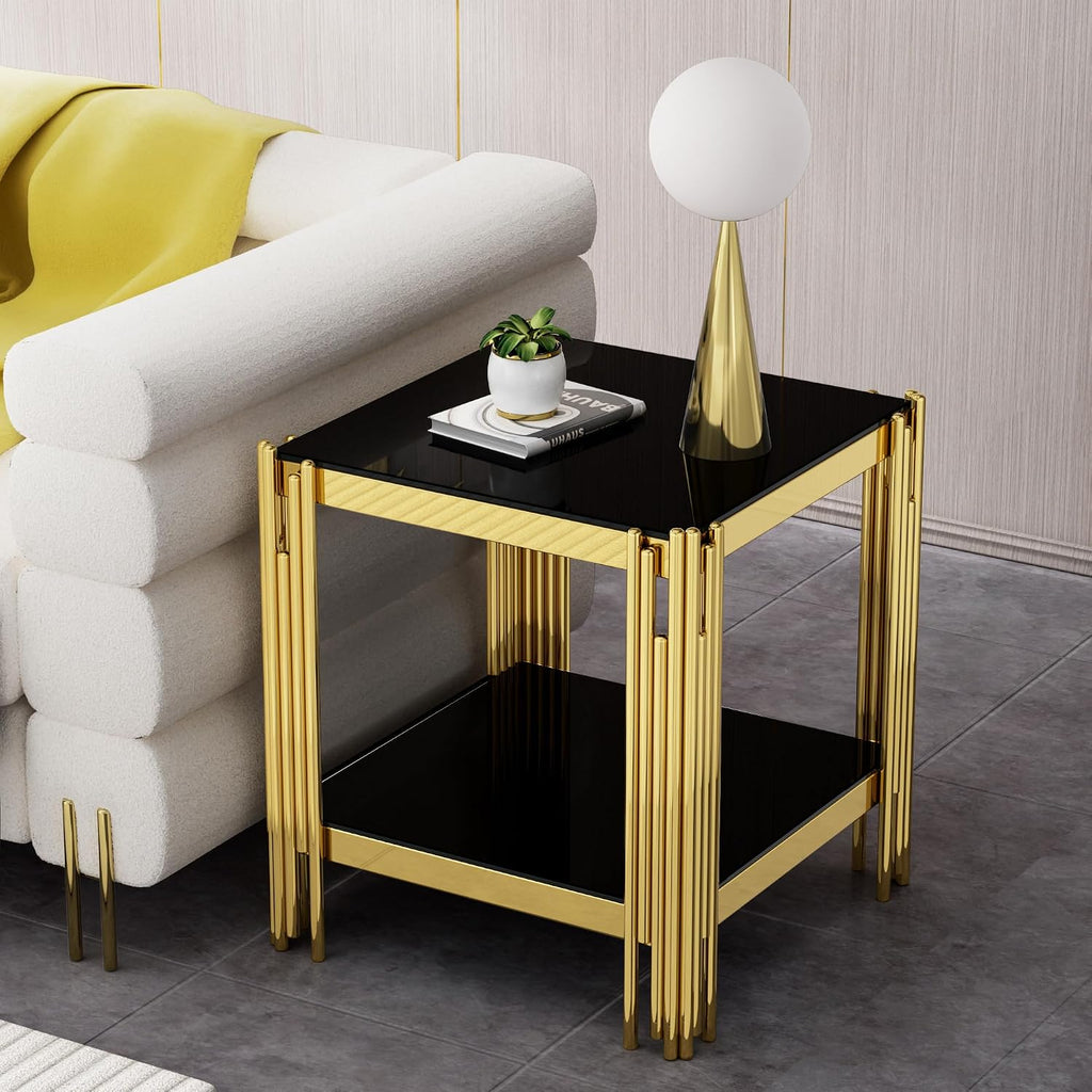 Henf 3-Piece Black Glass Living Room Table Set, 2-Tier Glass Coffee Table & 2 End Tables, Luxury Gold Coffee Table Set of 3 with Shining Golden Frame for Living Room Apartment Office