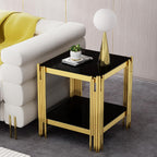 Henf 3-Piece Black Glass Living Room Table Set, 2-Tier Glass Coffee Table & 2 End Tables, Luxury Gold Coffee Table Set of 3 with Shining Golden Frame for Living Room Apartment Office