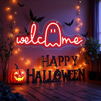 Halloween Welcome Ghouls Neon Sign, Spooky Ghost LED Halloween Decor, Haunted House Entryway Light, Available Gothic Haunted Mansion Light for Bedroom Bar Cave Room Decor Party Home-Red