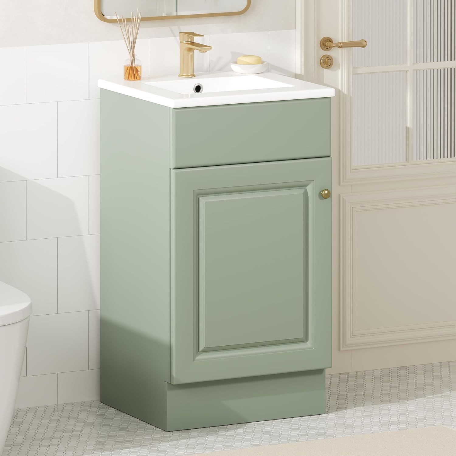 JIVOIT 18" Bathroom Vanity with Ceramic Sink, Vanity Cabinet with Door Shelf& Storage Rack & Adjustable Shelf, Soft Closing Door, Single Vanity Set for Small Bathroom