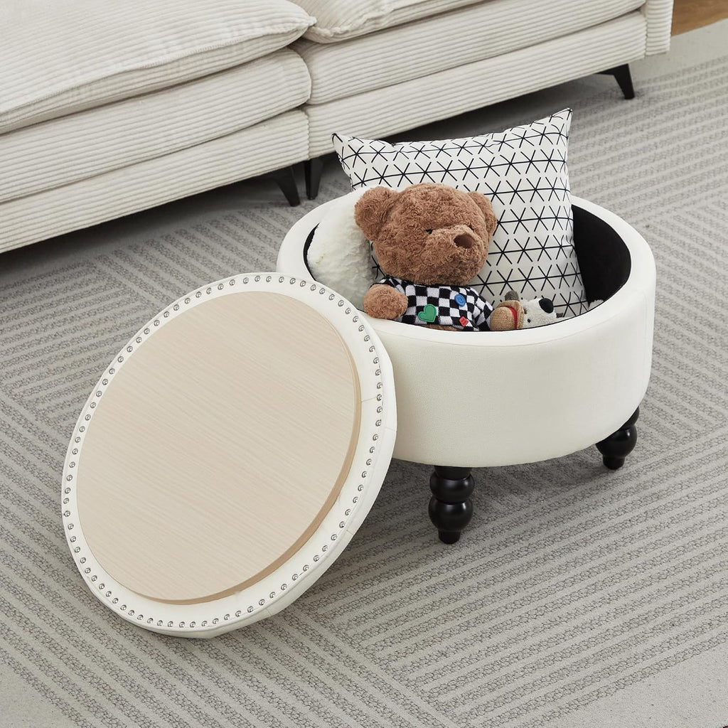 24 Inch Fabric Round Ottoman with Storage, Modern Upholstered Button Tufted Ottoman Coffee Table with Tray Lid, Circle Footstool with Storage for Living Room, Bedroom, White