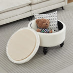 24 Inch Fabric Round Ottoman with Storage, Modern Upholstered Button Tufted Ottoman Coffee Table with Tray Lid, Circle Footstool with Storage for Living Room, Bedroom, White
