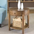 Solid Wood 24" Round End Table with Drawer, 2-Tier Small Sofa Side Table with Open Storage Oak Wood Accent Corner Table Modern Nightstand with Shelf for Living Room Bedroom Office, Brown, 24x25.16in