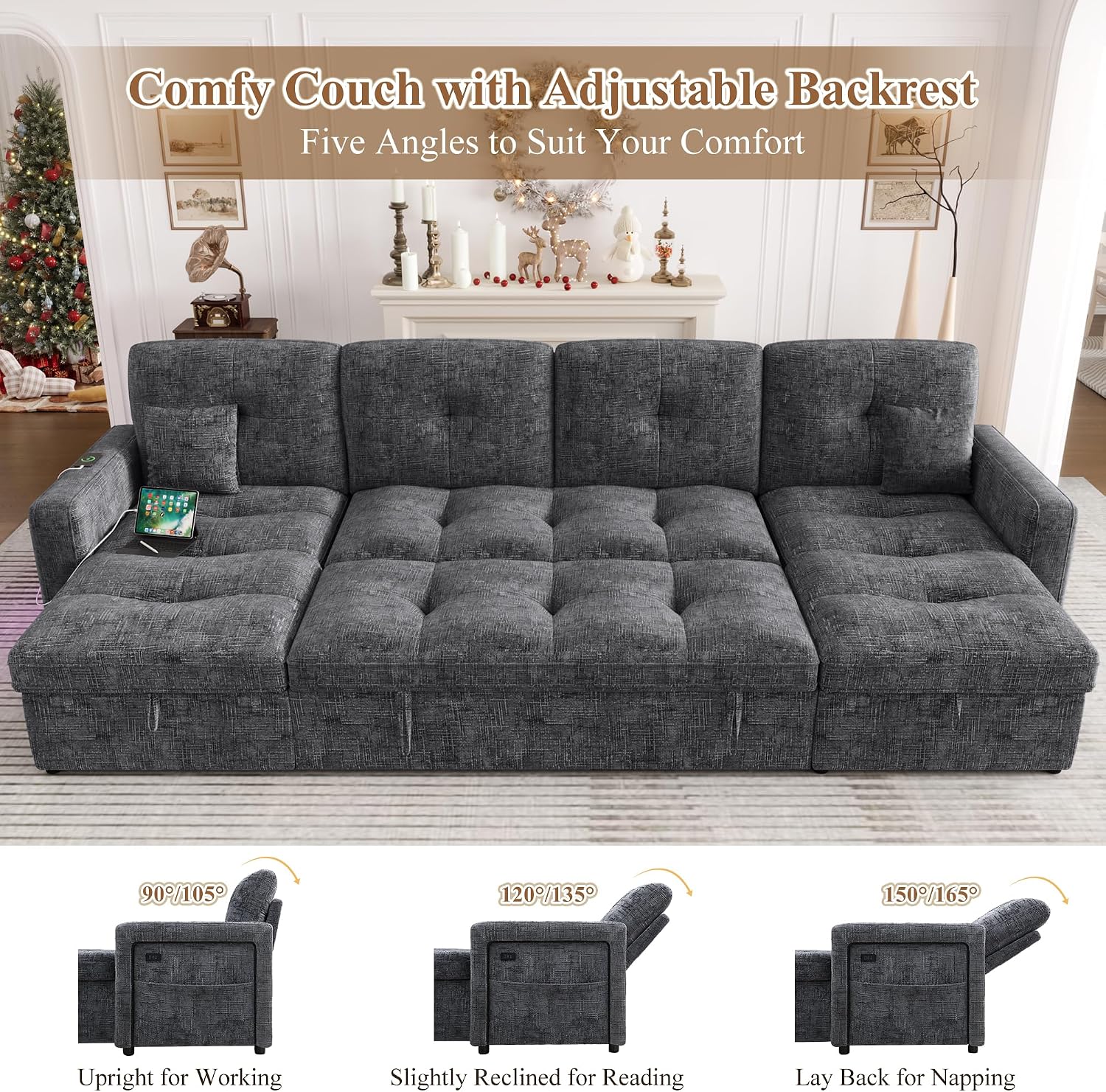 107'' LED U-Shaped Sectional Couch for Living Room, Sleeper Sofa Bed, Grey | Comfy Chenille Cloud Couch, Pull Out Bed, Storage Chaise, 5-level Adjustable Backrest, USB Charging, 2 Pillow,1100LB Capacity