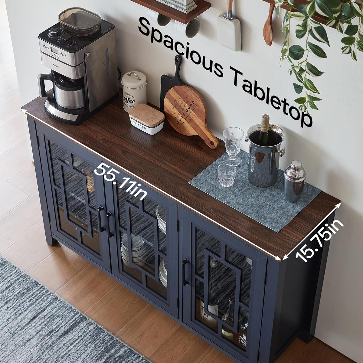 Joaxswe Large Sideboard Buffet Cabinet with Storage, 55" Farmhouse Credenza with 3 Glass Doors, Adjustable Shelves Console Table, Wood Kitchen Coffee Bar for Dining Room, Living Room, Navy Blue