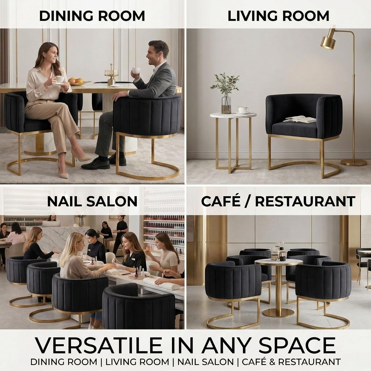 Hyfirm Black and Gold Barrel Dining Room Chairs Set of 4, Modern Velvet Upholstered Accent Chairs with Curved Back for Kitchen Island, Luxury Comfort Seating Cantilever Metal Frame