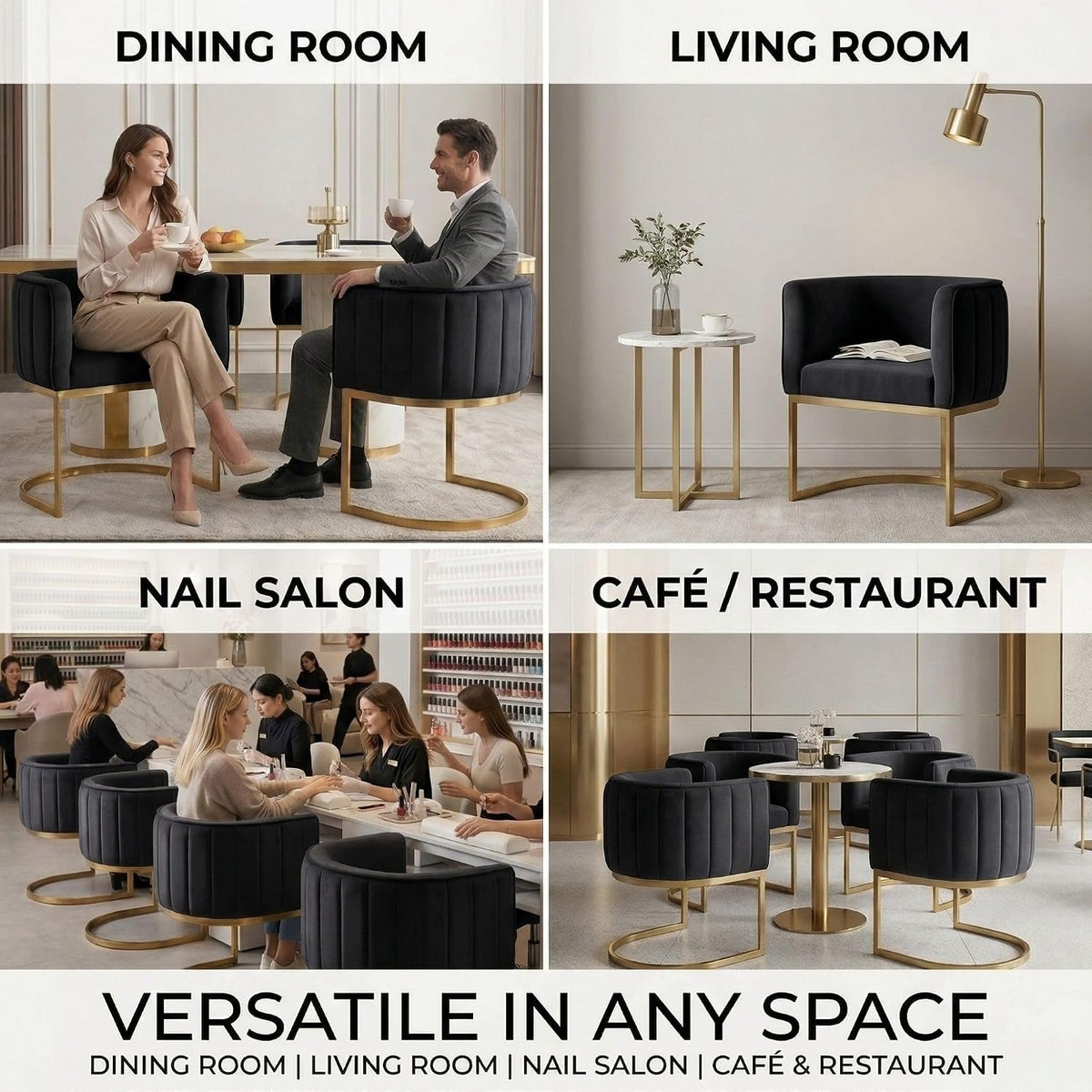 Hyfirm Black and Gold Barrel Dining Chairs Set of 6, Modern Velvet Upholstered Accent Chairs with Curved Back for Kitchen Island, Luxury Comfort Seating Cantilever Metal Frame