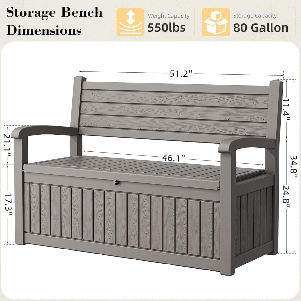 80 Gallon Outdoor Storage Box,Resin Stripes Deck Box Doubles as 2-Person Bench Seat,Waterproof Storage Outdoor Porch Bench for Cushions,Garden Tools and Pool Supplies Grey