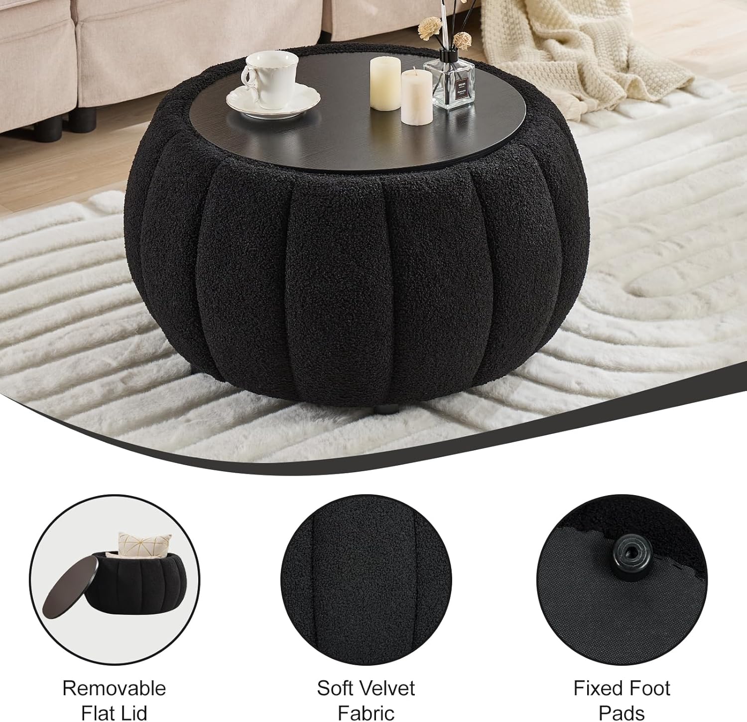 YDcosyfy 30 Inches Round Ottoman Coffee Table with Storage, Upholstered Ottoman in Boucle Teddy Fabric, Wooden Top with Tray, Soft Pumpkin Shape Design,for Living Room, Bedroom, Lounge, Black