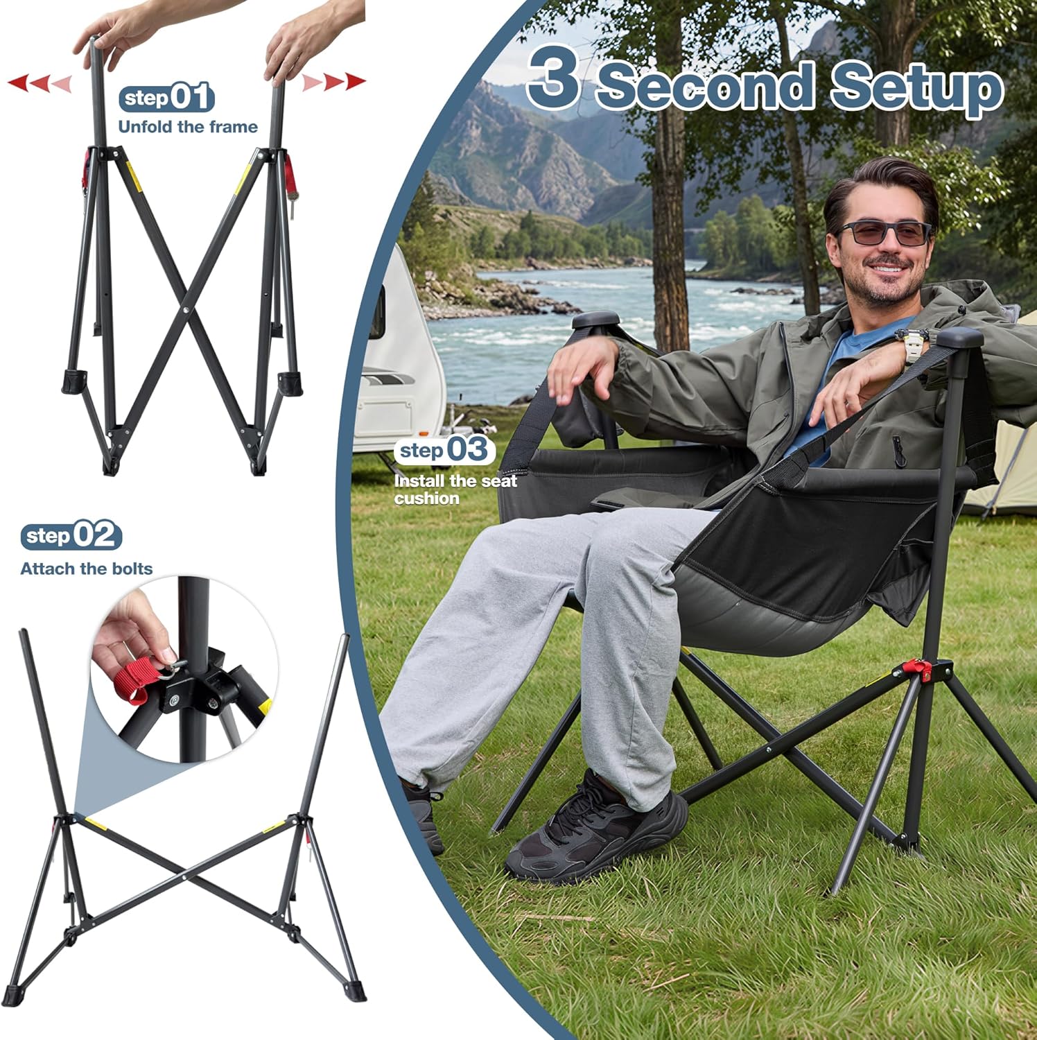 Hammock Camping Chair with Adjustable Backrest, 350LBS Heavy Duty Oversized Swinging Chair Portable Folding Rocking Chair with Pillow Cup Holder for Outdoor Beach Camping Patio, Black