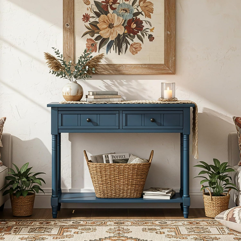 Merax Long Narrow Entryway Console Table with Storage Drawers and Bottom Shelf Dark Navy