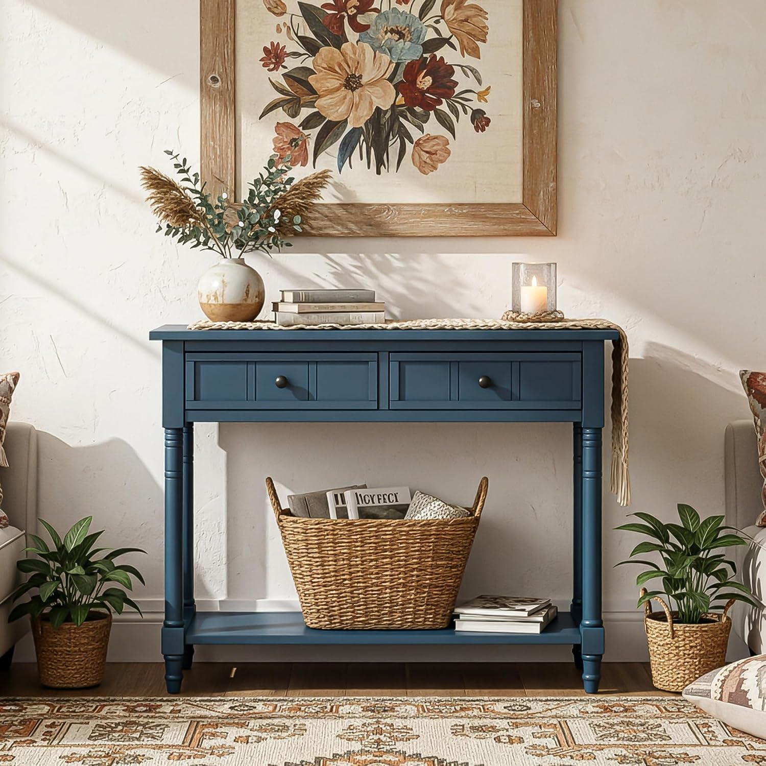 Merax Long Narrow Entryway Console Table with Storage Drawers and Bottom Shelf Dark Navy