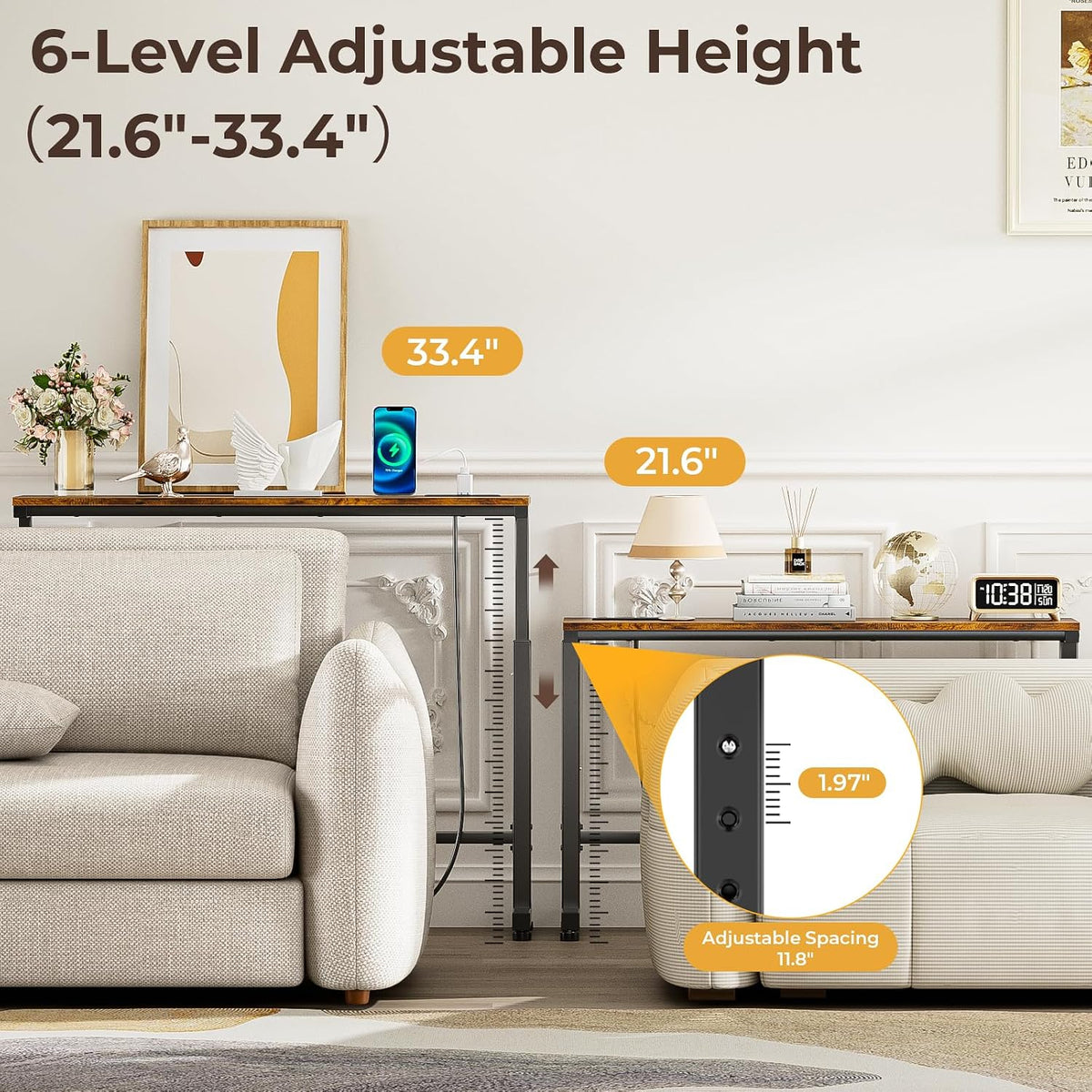 Dicasser 2 Pack Narrow Console Sofa Table with Adjustable Height (22"-33") & 2 Power Outlets, Skinny Behind Couch Table for Living Room Entryway Hallway, 79" L x 7" W x 33" H (Rustic Brown)