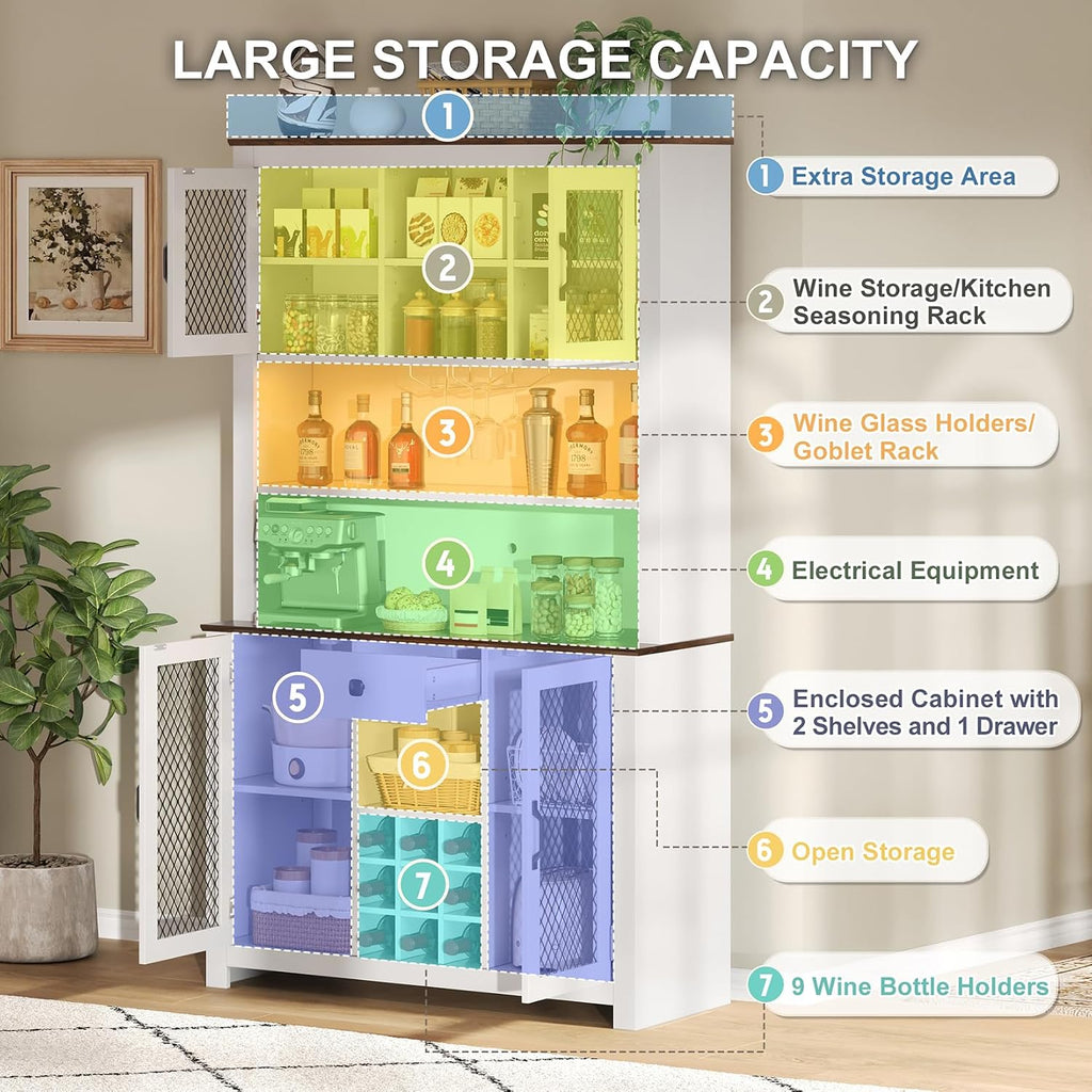 71" Tall Kitchen Pantry Cabinet with Charging Station 47" Wide Countertop Kitchen Hutch Cabinets with LED Light, Large Pantry Storage Cabinet with Shelves and Wine Rack, White
