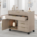 Fluted File Cabinet with 5 Drawers, Large Storage with Cabinet Door, Mobile Filing Cabinet with Locable Wheels for Home Office, Light Oak