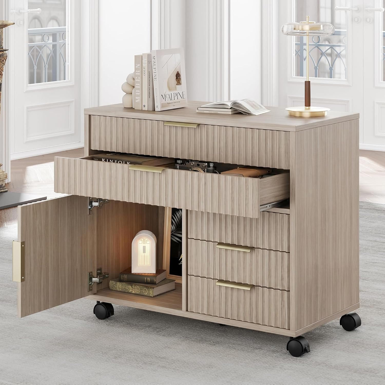 Fluted File Cabinet with 5 Drawers, Large Storage with Cabinet Door, Mobile Filing Cabinet with Locable Wheels for Home Office, Light Oak