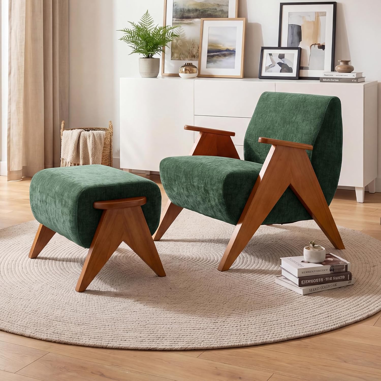 Linen Padded footstools Mid Century Modern Ottoman with Wood Frame, Lounge Upholstered Ottoman, Reading Chair, Sturdy Base, Suitable for Resting Your feet on a Lounge Chair Green
