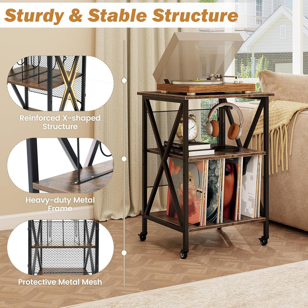 GOFLAME Record Player Stand with Power Outlet, 3-Tier Industrial Rolling Turntable Stand with 3 Vinyl Record Storage Dividers, Adjustable Shelf & Wheels for Living Room, Bedroom, Rustic Brown