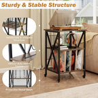 GOFLAME Record Player Stand with Power Outlet, 3-Tier Industrial Rolling Turntable Stand with 3 Vinyl Record Storage Dividers, Adjustable Shelf & Wheels for Living Room, Bedroom, Rustic Brown