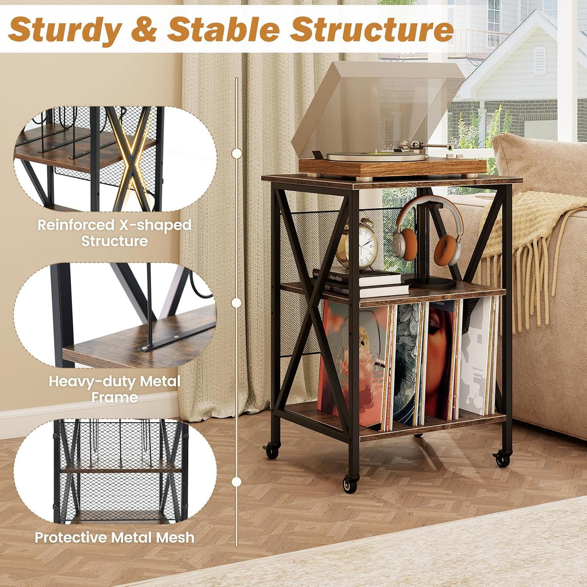 GOFLAME Record Player Stand with Power Outlet, 3-Tier Industrial Rolling Turntable Stand with 3 Vinyl Record Storage Dividers, Adjustable Shelf & Wheels for Living Room, Bedroom, Rustic Brown