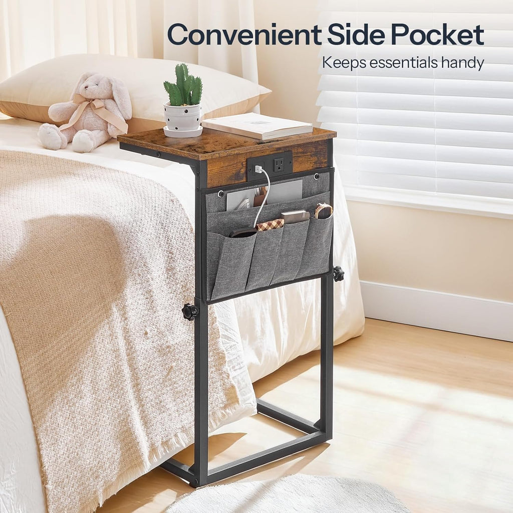 HOOBRO C Shaped End Table with Charging Station, 30” Adjustable Height Sofa Side Table with Storage Pocket, Slide Under Couch Table for Sofa Arm Tray, for Living Room, Bedroom, Rustic Brown BF77USF01