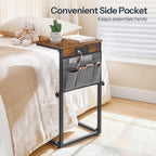 HOOBRO C Shaped End Table with Charging Station, 30” Adjustable Height Sofa Side Table with Storage Pocket, Slide Under Couch Table for Sofa Arm Tray, for Living Room, Bedroom, Rustic Brown BF77USF01