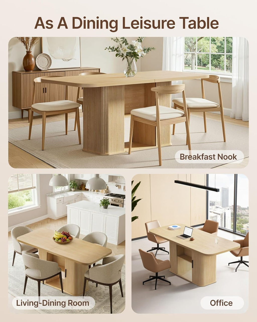 SUNCOZE Mid-Centur Dinner Tables for 4/6/8, 70.9" Rectangle Dining Room Table with Large Tabletop and Sliding Tambour Doors, Fluted Dining Table 2-Layer Storage for Kitchen and Living Room, Wood