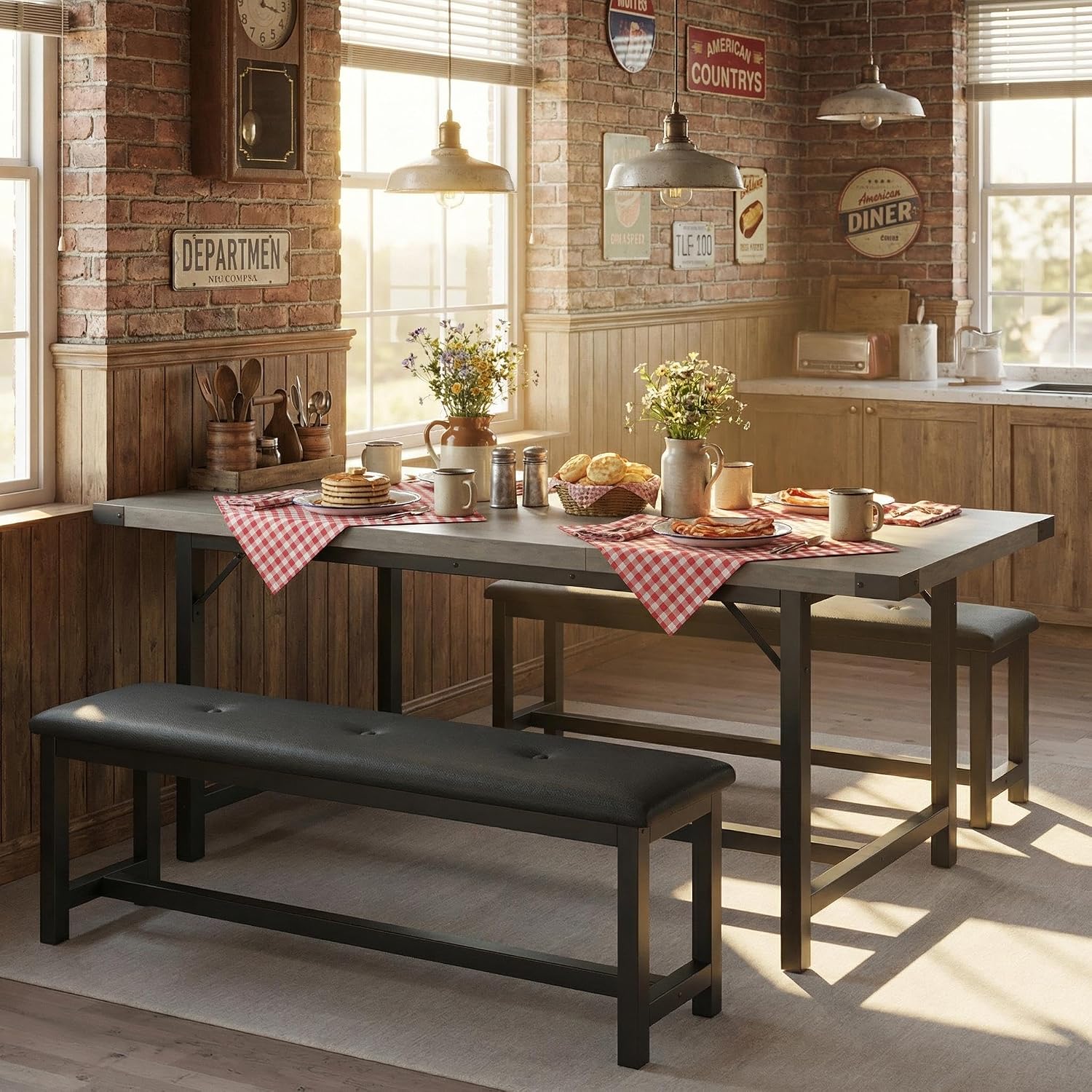 IDEALHOUSE 63" 3 Piece Extendable Dining Table Set for 4-6, Rectangle Wooden Kitchen Table with 2 Soft Benches Set for 6, Sturdy Metal Frame, Dinette Table Set for Apartment, Kitchen, Rustic Gray