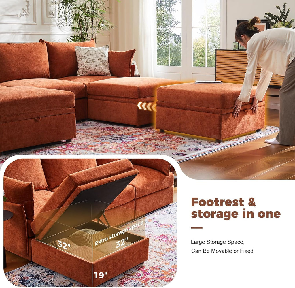 ABCASA L-Shaped 4-Seater Modular Sectional Sofa with Movable Storage Ottoman, Comfy Cloud Couch Set in Terracotta Orange Chenille for Living Room