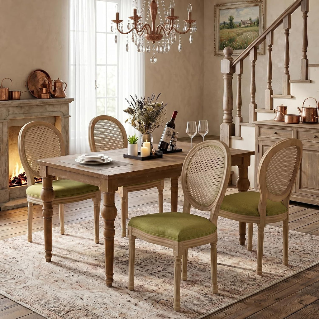 SoarFlash French Dining Chairs Set of 4, Vantage Dining Chair with Round Back, Wood Leg Farmhouse Country Rattan Dining Chair for Kitchen,Bedroom,Green