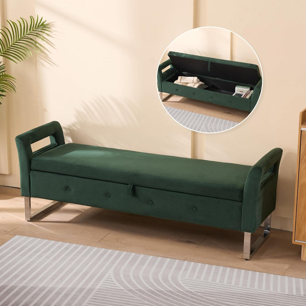 Aoiy & Wifon 67.91" W King Size Bench for End of Bed, Upholstered End of Bed Storage Bench with Metal Legs for Bedroom, Velvet (Green)