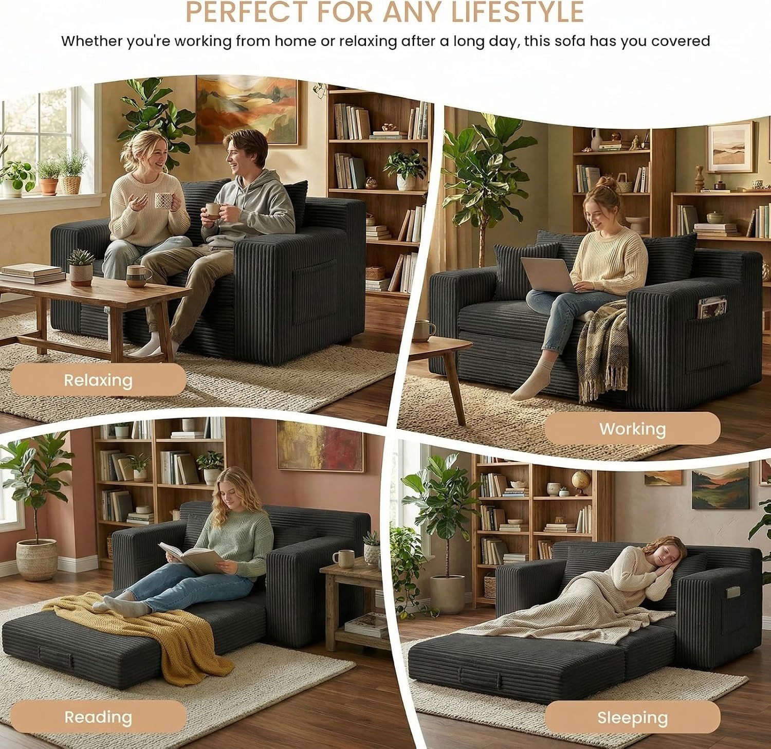 Loveseat Sofa Bed, Tri-Folding Convertible Futon Sleeper with Handle & Side Pockets, 54'' Couch with Hook and Loop No Assembly for Small Space,Living Room & Bedroom