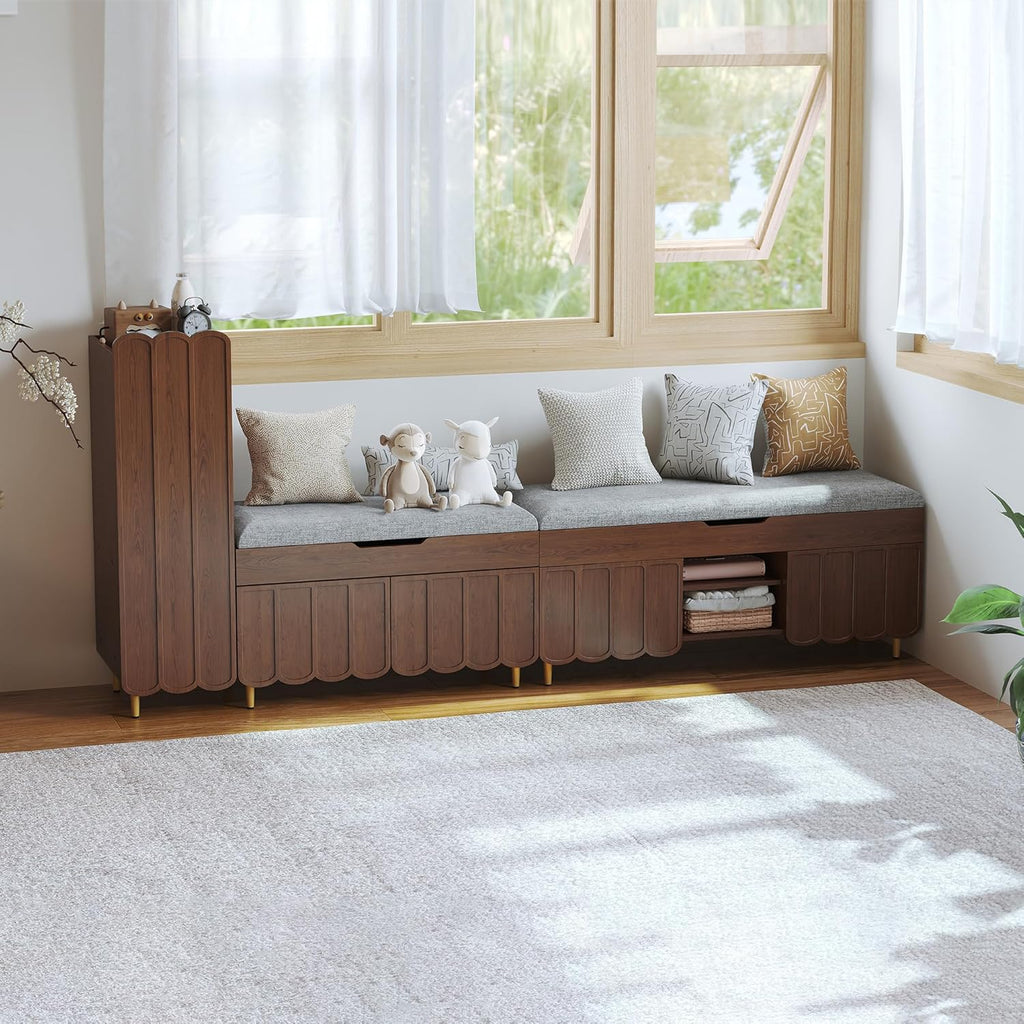 3More 40" Entryway Shoe Storage Bench,Upholstered Hidden Space Beneath Seat Cushion Bench,2-Tier Unique Geometric Shape with Wood Grain,Walnut