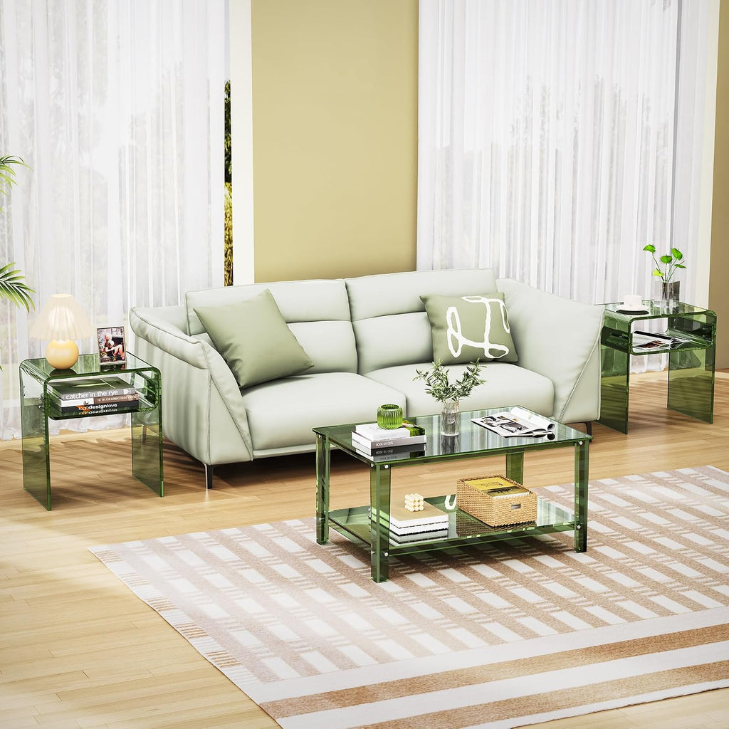 Clear Acrylic End Table 2-Tier Bedside Nightstand for Living Room Bedroom (1, Green Double)