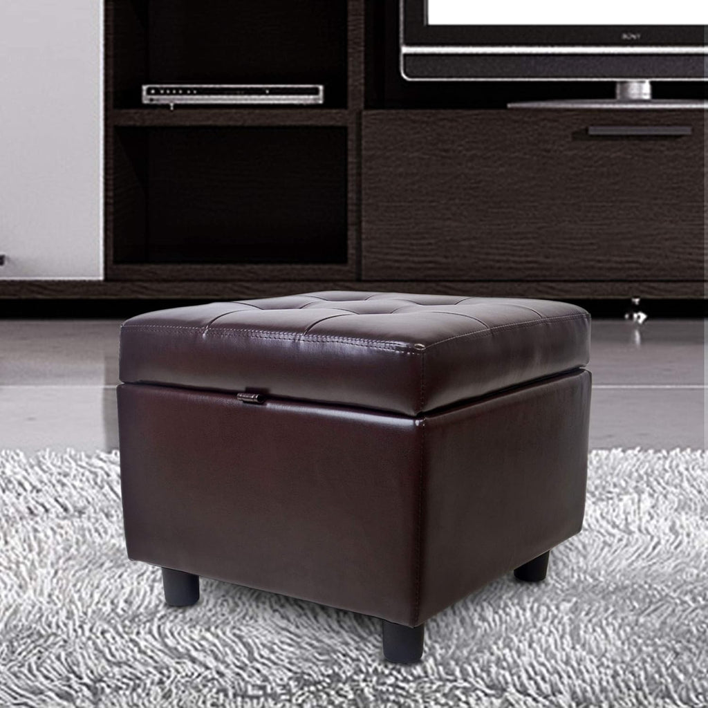 H&B Luxuries Tufted Leather Square Flip Top Storage Ottoman Cube Foot Rest (Brown with Storage)
