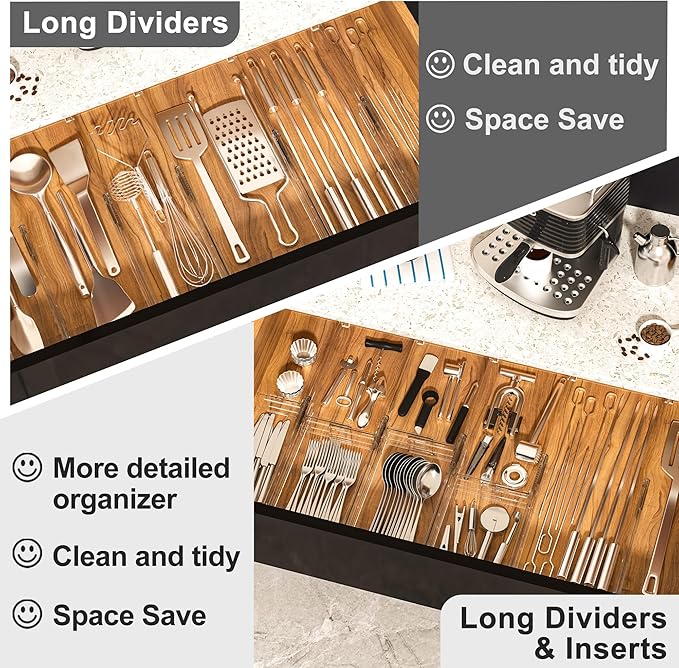 HiYZ Expandable Drawer Dividers with Inserts - Adjustable Drawer Organizers Separators for Kitchen, Bedroom, Dresser, Office, 8 Long Dividers(12.6-22.8 IN) with 16 Inserts(3.9-7.1 IN) - Clear