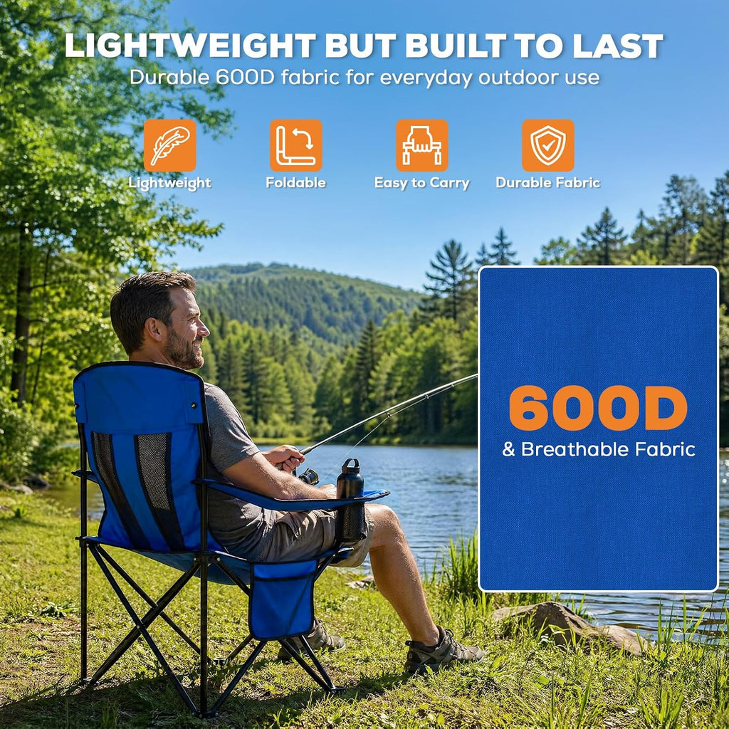 Romswi Portable Camping Chairs for Adult Support 400 LBS, Folding Outdoor Chairs with 4-Can Cooler Bag, Folding Chair with Mesh Back for Outdoor, Fishing, Garden, 2-Pack, Blue