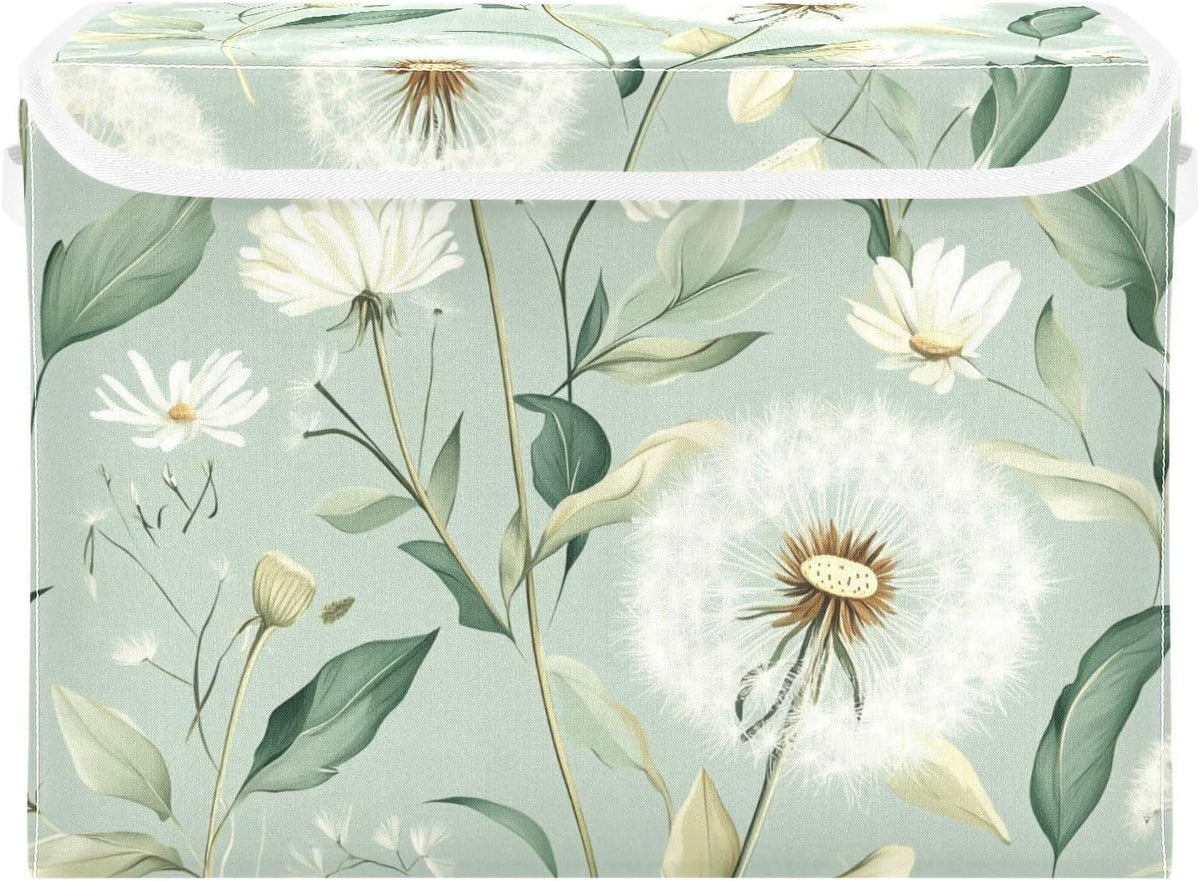 Collapsible Storage Bins with Lids Decorative Fabric Storage Cubes Closet Organizer Basket Boxes Containers for Clothes Box Chest Folding Rectangle Spring Sage Green Dandelions Daisy Flower