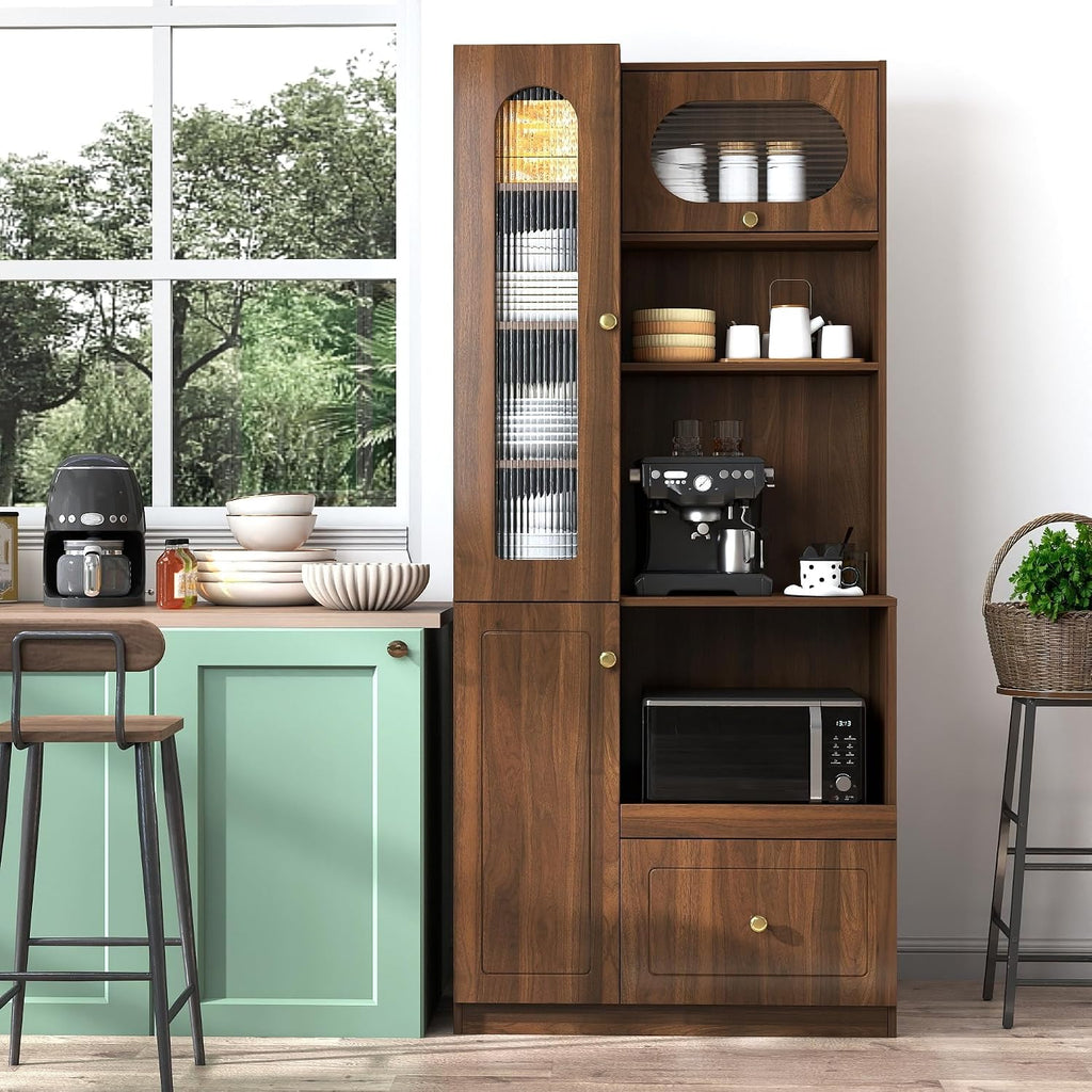 ZeHuoGe Modern Freestanding Kitchen Pantry Cabinet, Multi-Purpose Storage with 7-Layer Pull-Out Shelf, Expandable Pull-Out Organizer with Drawers & Cabinets, for Kitchen, Coffee Bar, Living Room