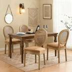 French Country Dining Chairs Set of 4,Upholstered Chairs with Rattan Round Back,Solid Wood Legs,for Living Room,Kitchen,Restaurant,Light Brown